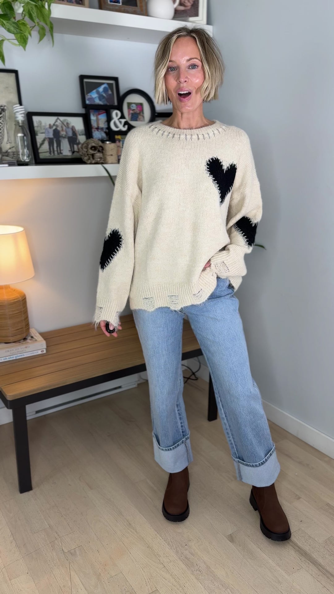 Cherish Distressed Heart Sweater- OATMEAL