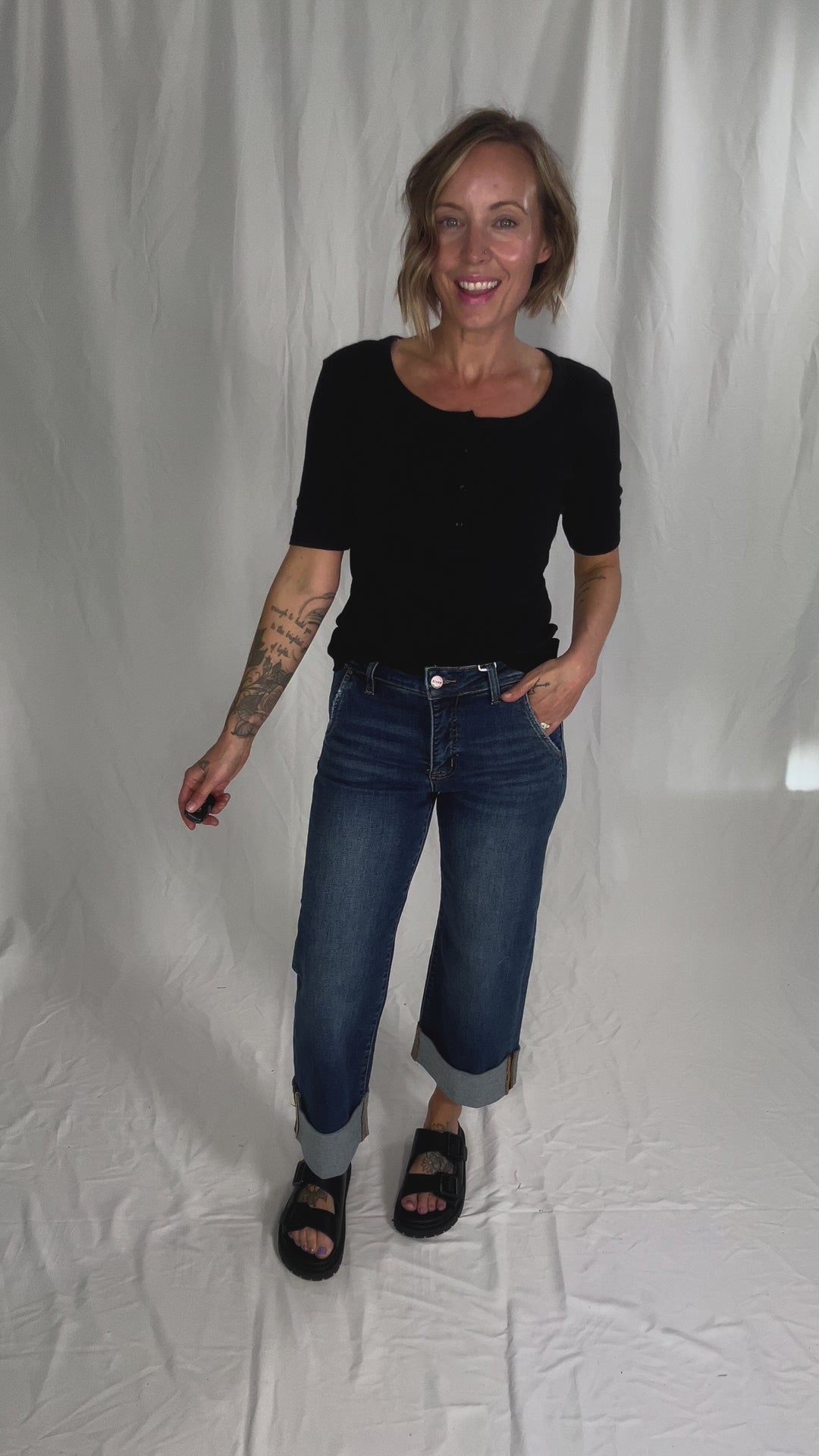 Melissa Ribbed 1/2 Sleeve Henley Top- BLACK