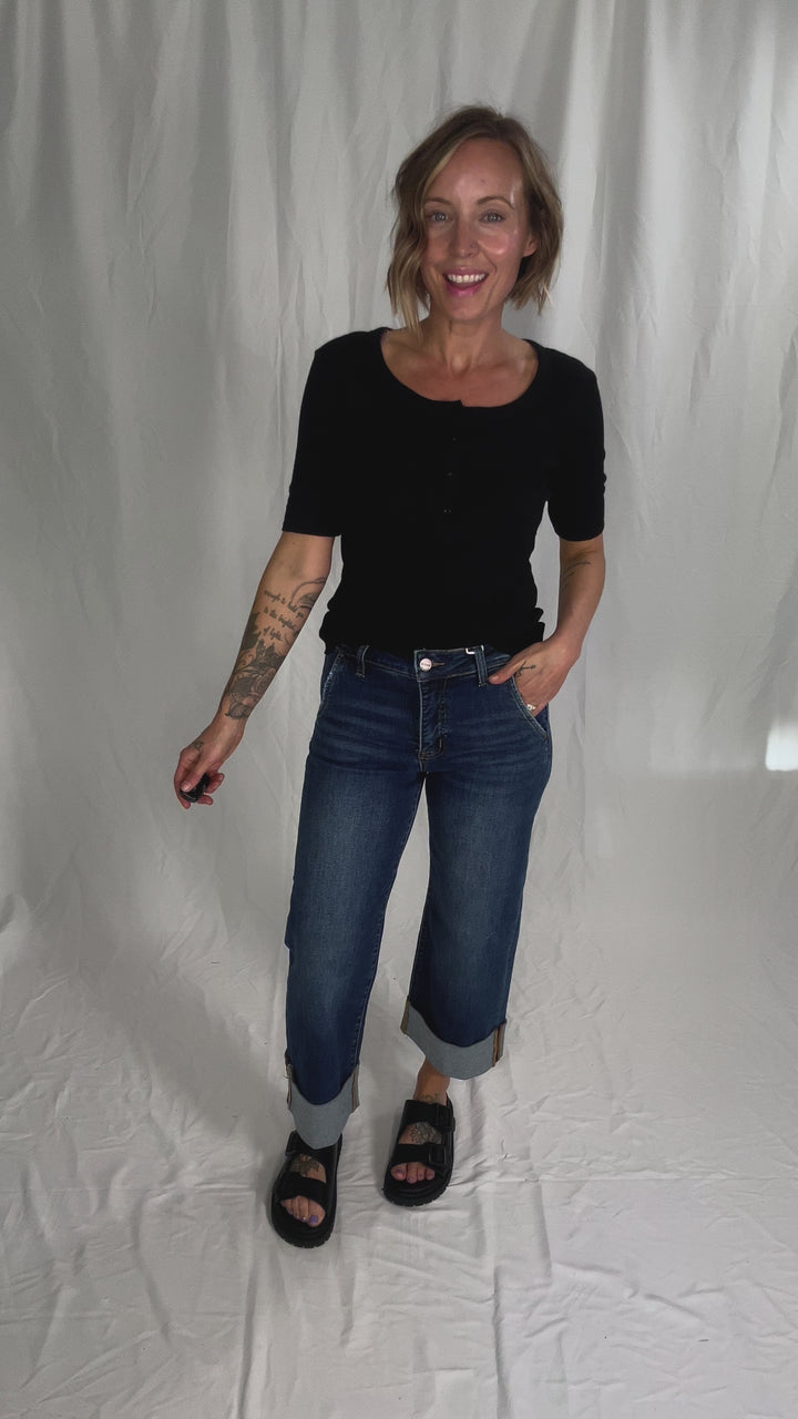 Melissa Ribbed 1/2 Sleeve Henley Top- BLACK