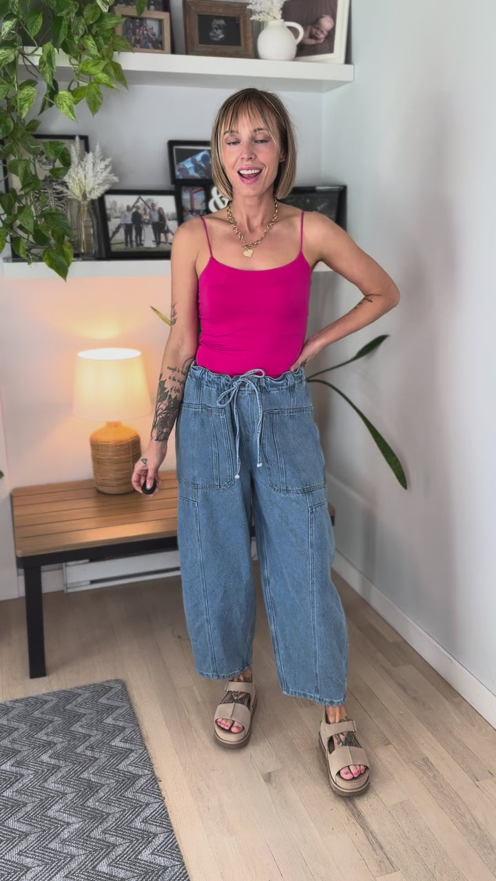 Deana Drawstring Barrel Pants- LIGHT DENIM