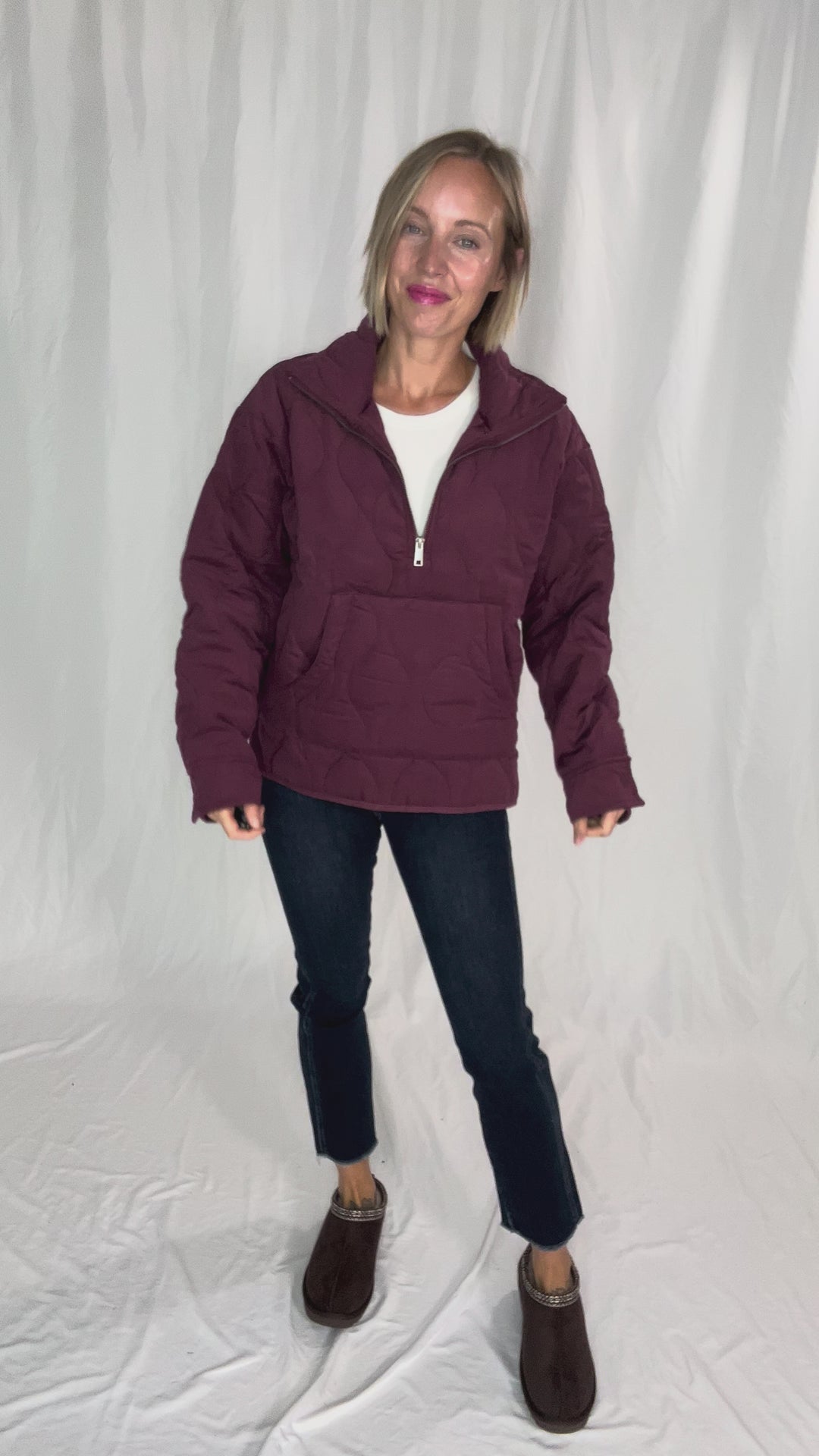 Elmwood Quilted  1/4 Zip Jacket- DARK CHERRY