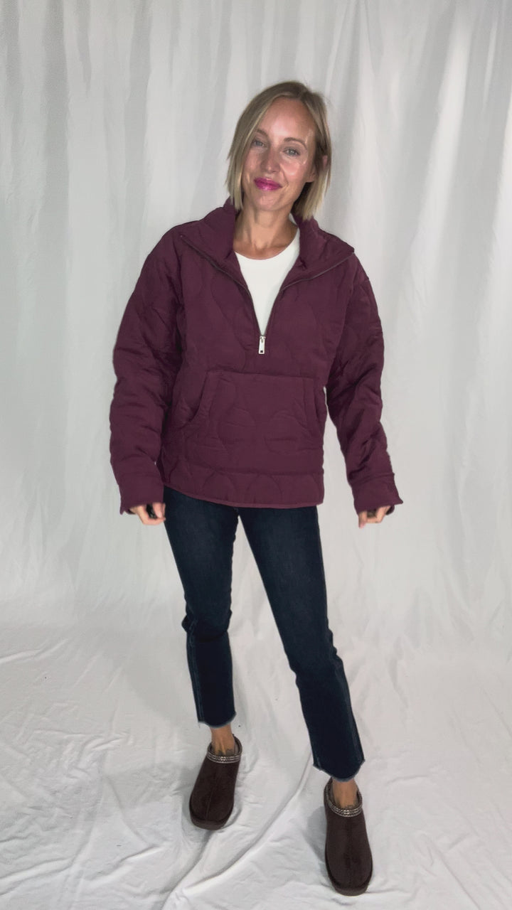 Elmwood Quilted  1/4 Zip Jacket- DARK CHERRY