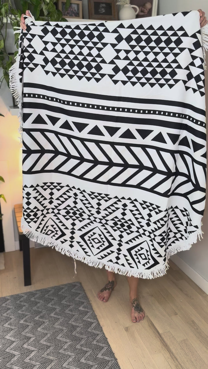 Beach Towel- BLACK AND WHITE AZTEC