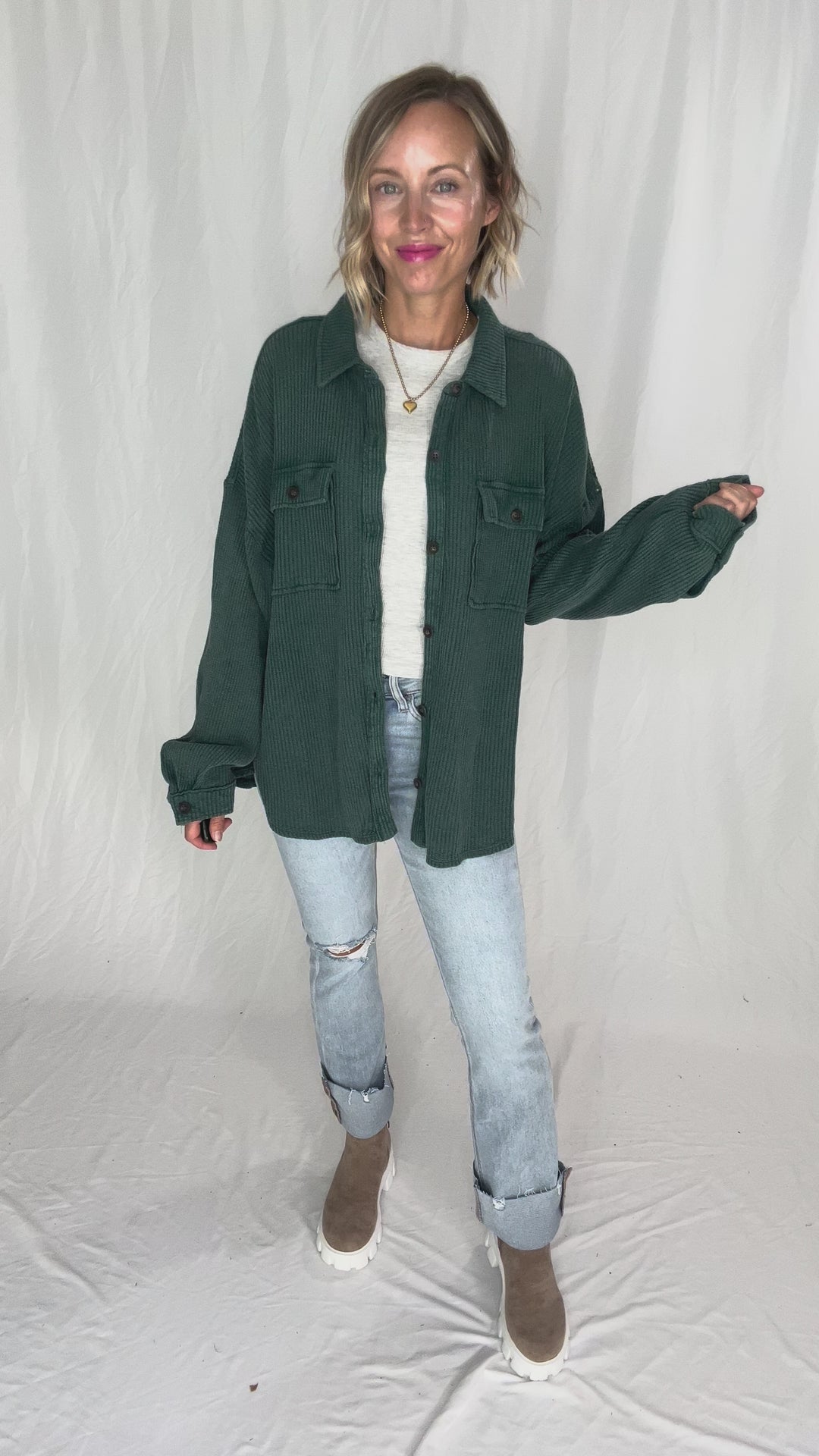 Ivy Waffle Shacket- DEEP GREEN