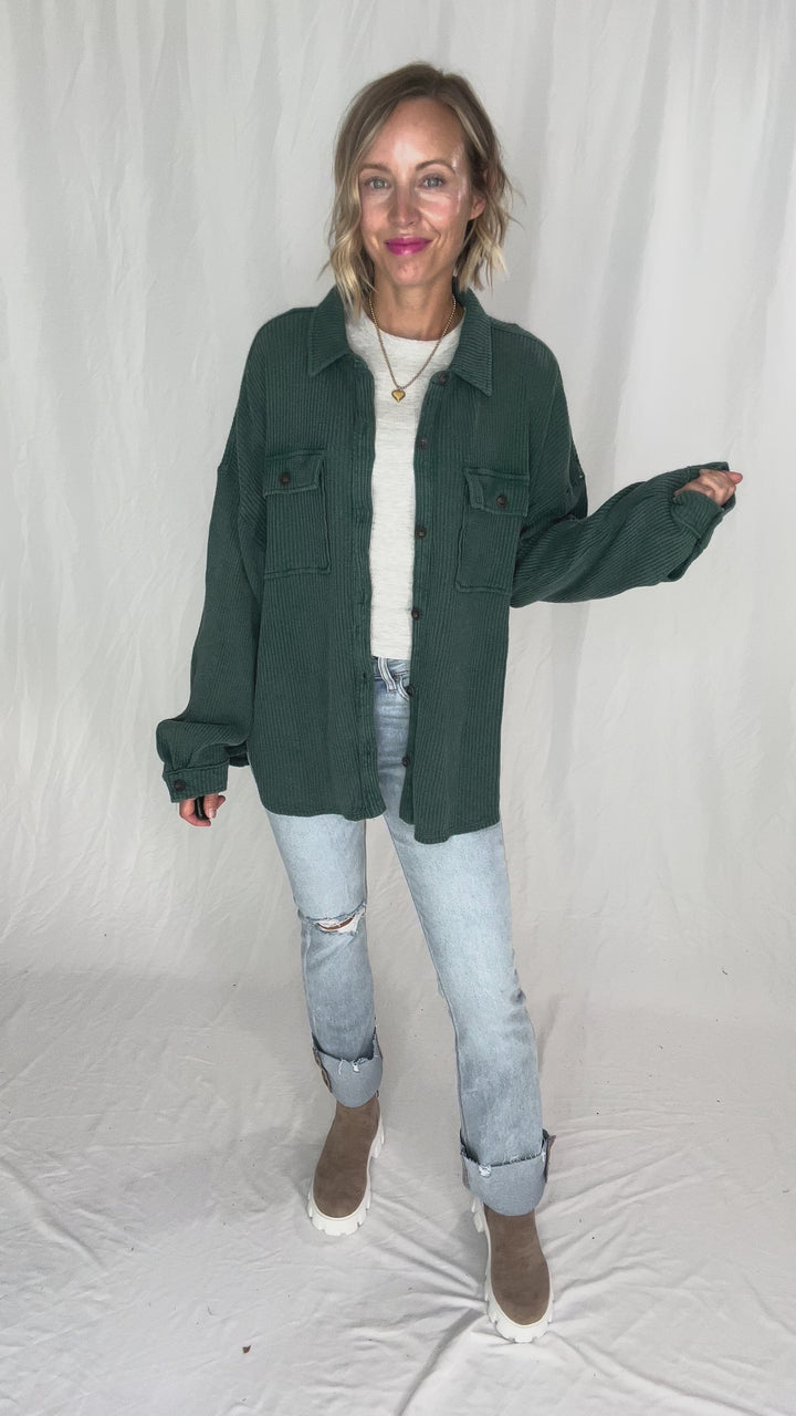 Ivy Waffle Shacket- DEEP GREEN