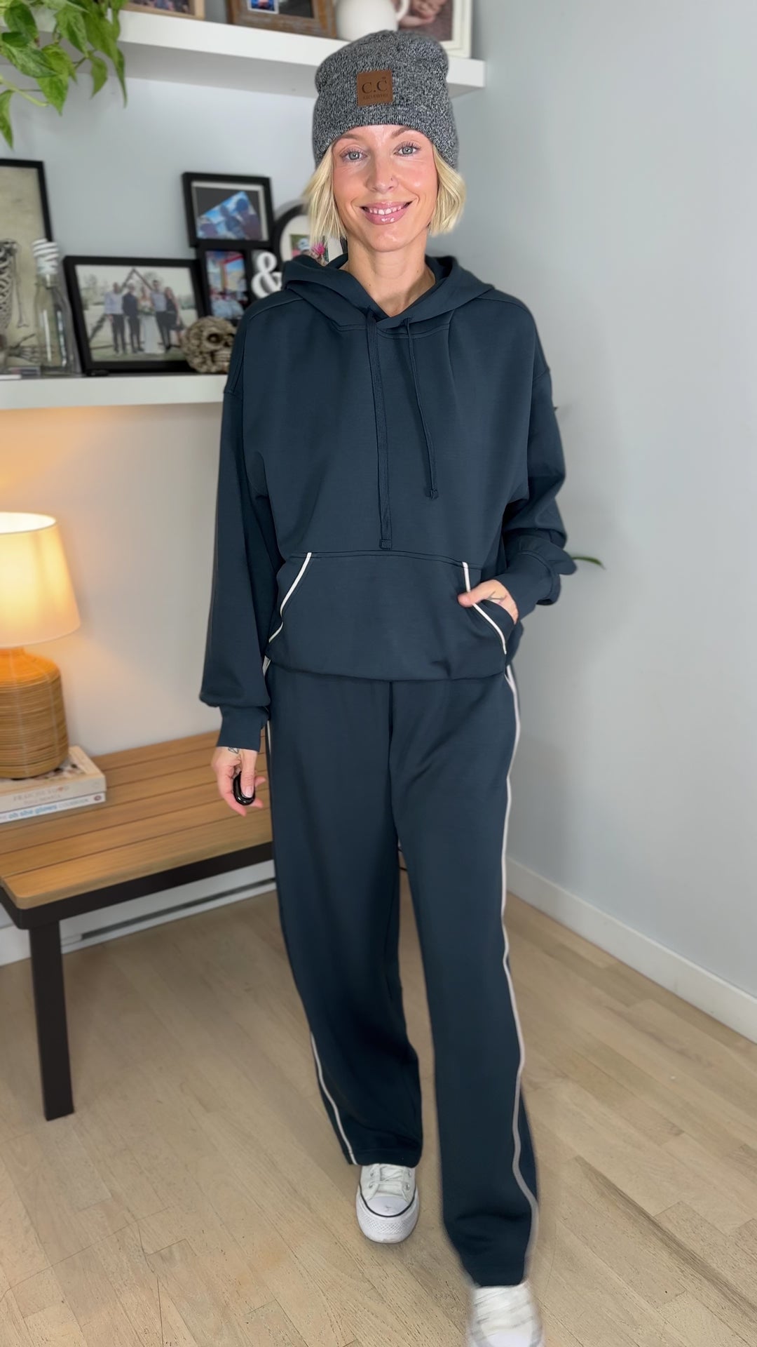 Miranda Modal Piping Hoodie- TEAL NAVY/MOCHA CREAM