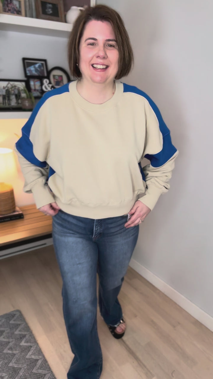 Mono B Blake Contrast Edge Cropped Sweatshirt- BONE/DEEP INDIGO