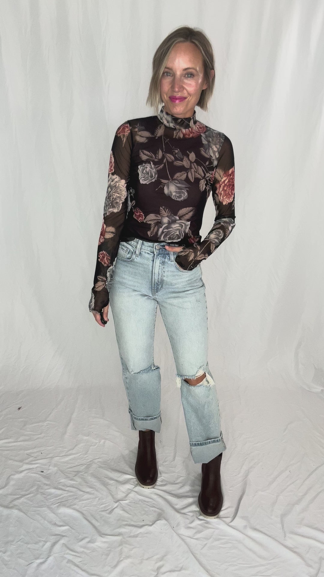 Heather Mock Neck Mesh Long Sleeve- BLACK