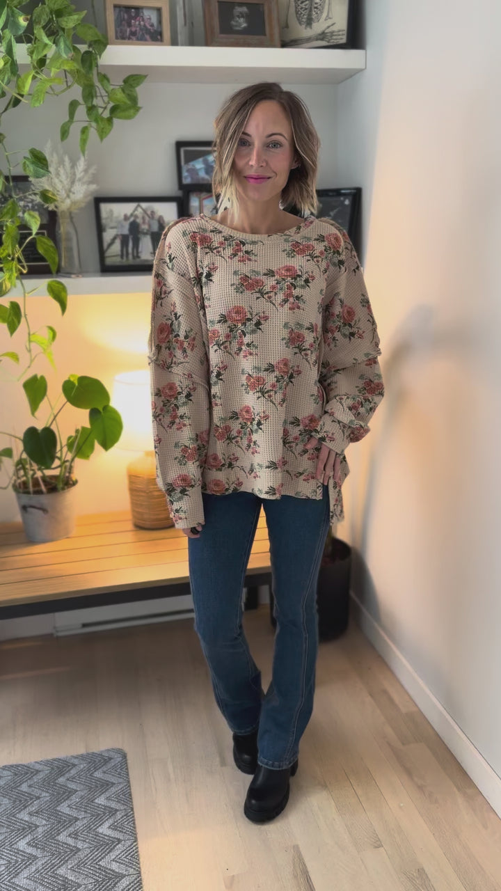Posey Floral Oversized Waffle Pullover- TAUPE