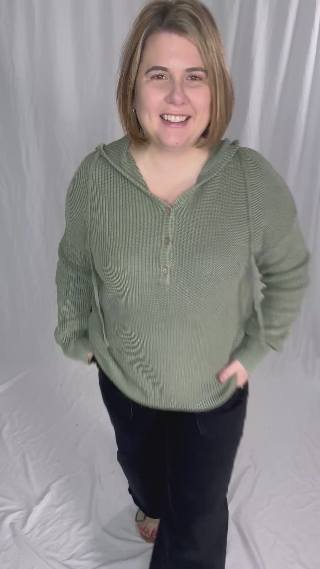 Maradith Chunky Knit Henley Sweater- SAGE