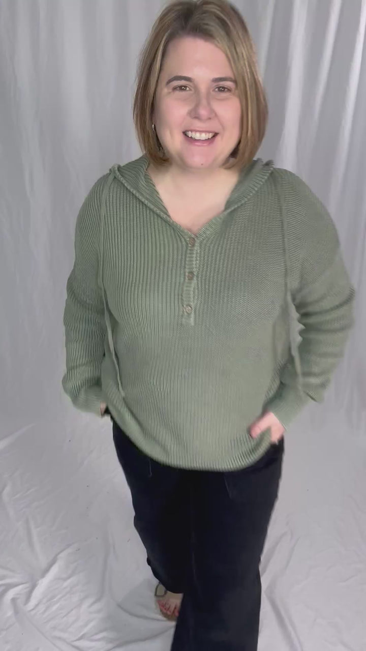 Maradith Chunky Knit Henley Sweater- SAGE