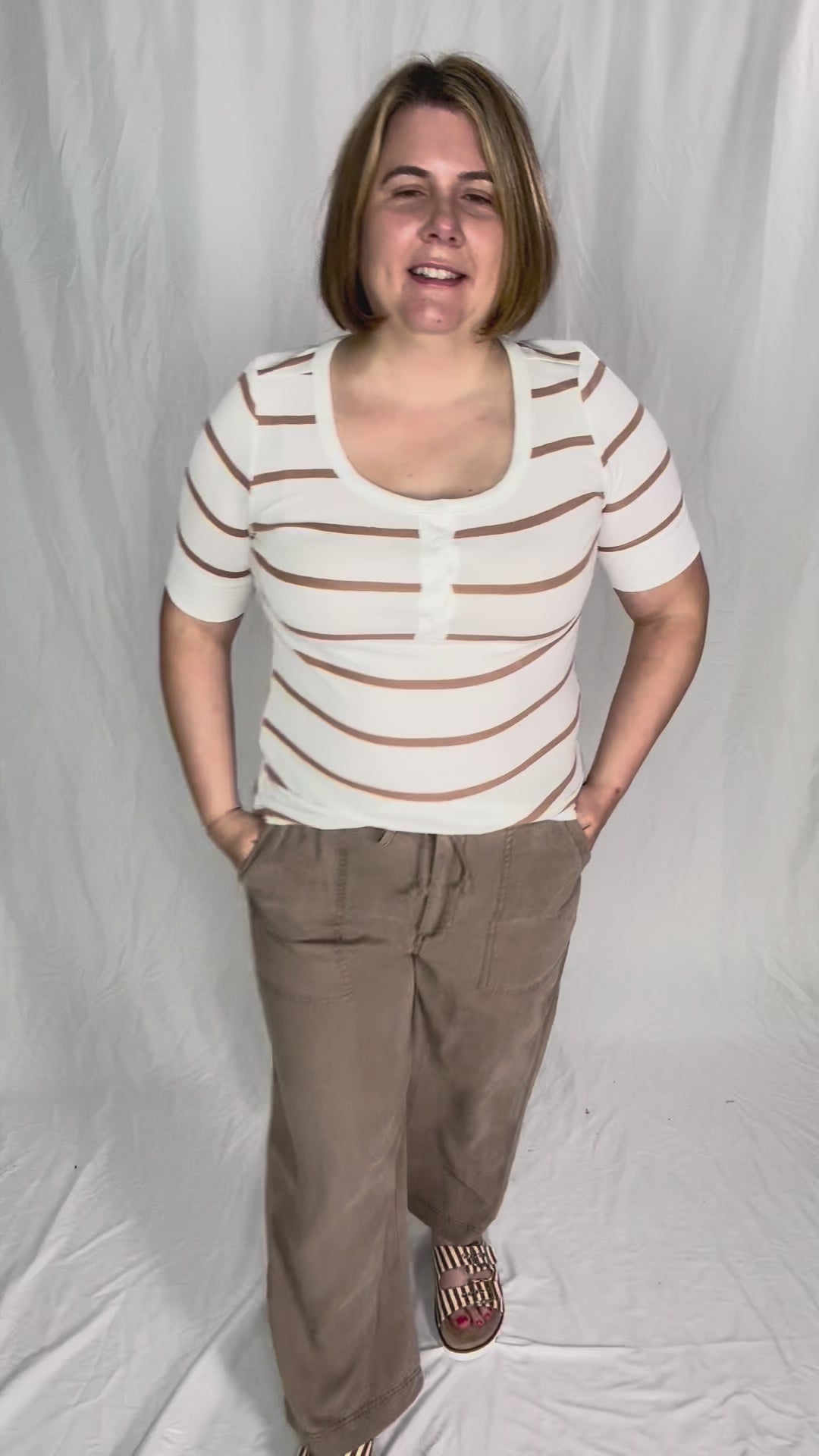 Chleo Classic Ribbed Striped Henley 1/2 Sleeve- CARAMEL