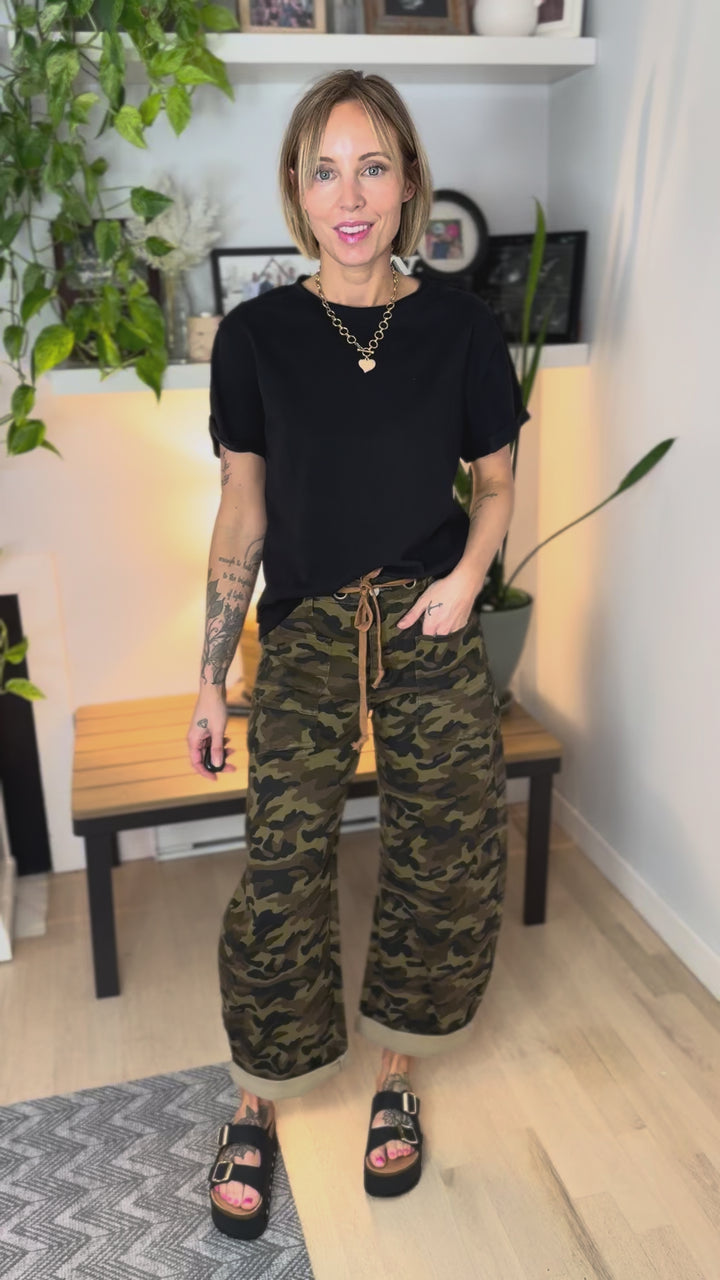 Brogan Tie Waist Camo Barrel Jeans