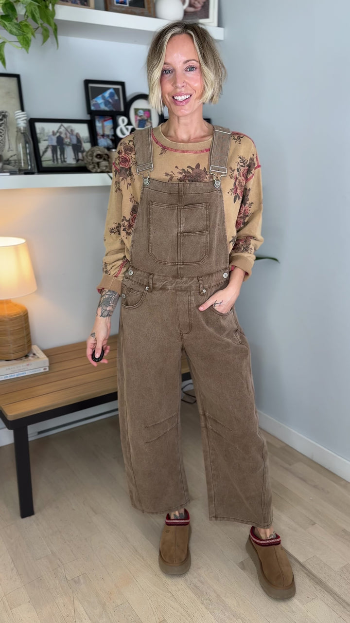 Marie Mineral Washed Barrel Overalls- MOCHA MOUSSE