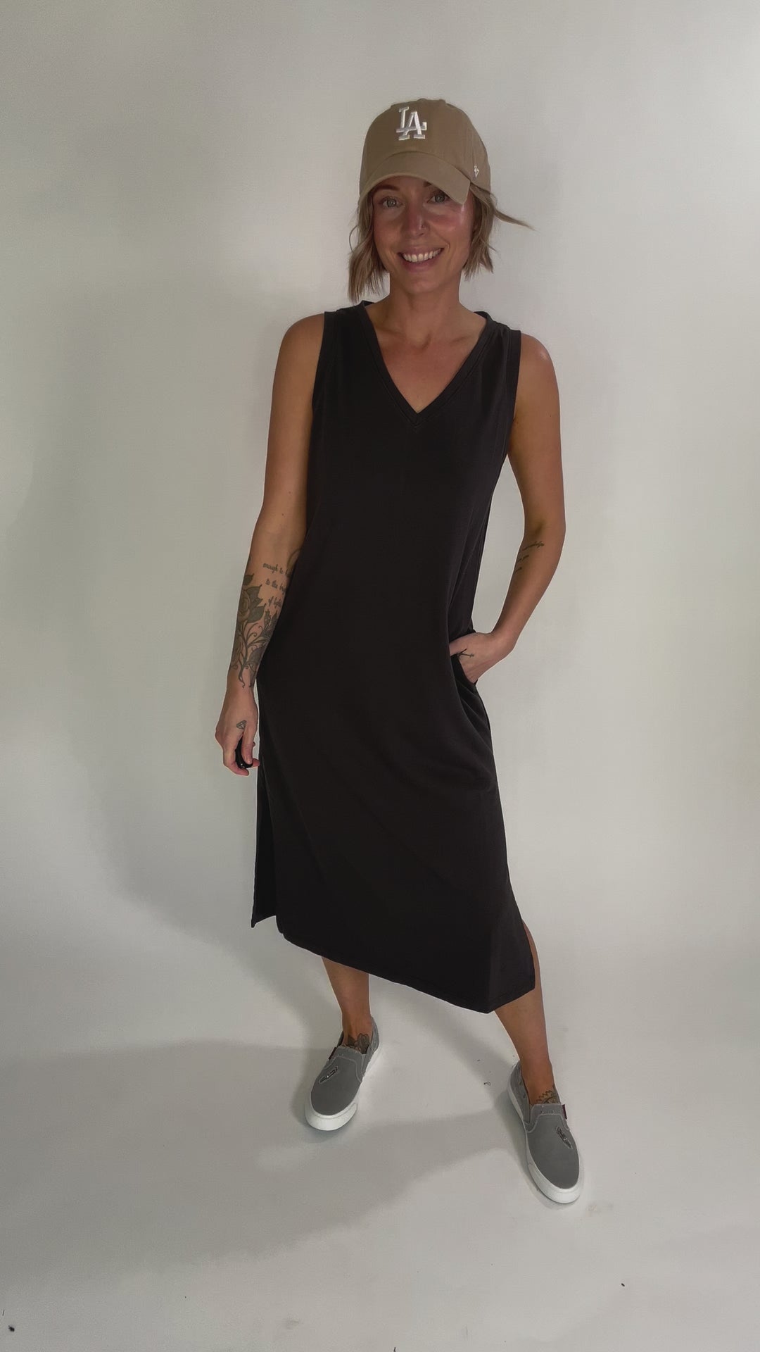 Briar V-Neck Midi Tank Dress- CHARCOAL-FINAL SALE