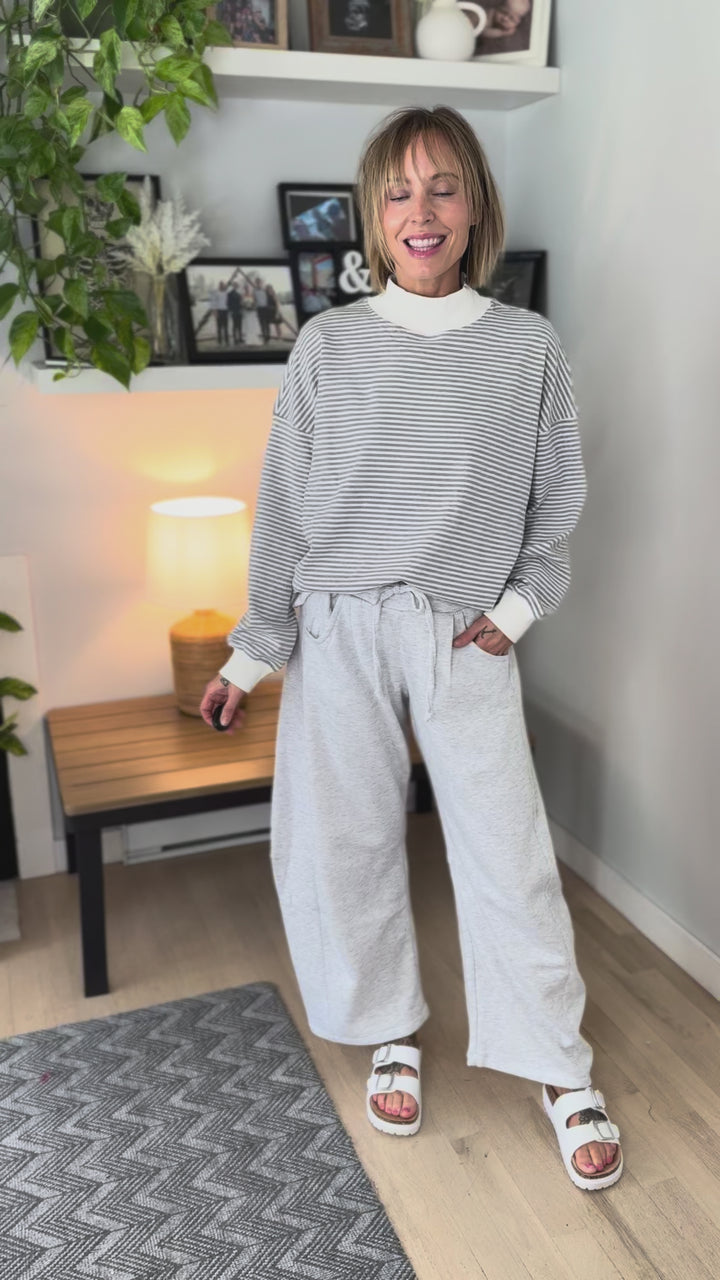 Annika Mock Neck Stripe Sweatshirt Top- HEATHER GREY