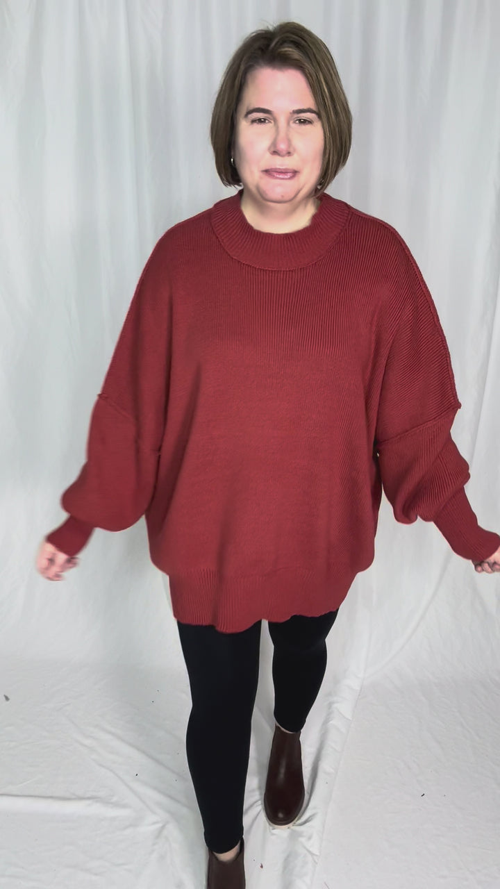 Frosted Pines Oversized Side Slit Sweater- RUST