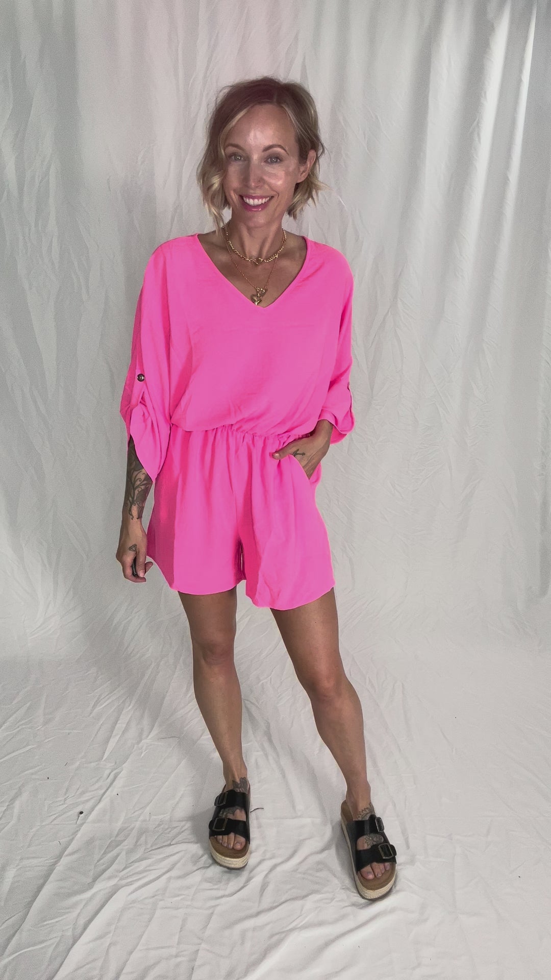 Kalli Airflow V-Neck Tab Sleeve Elastic Waist Romper- NEON PINK-FINAL SALE
