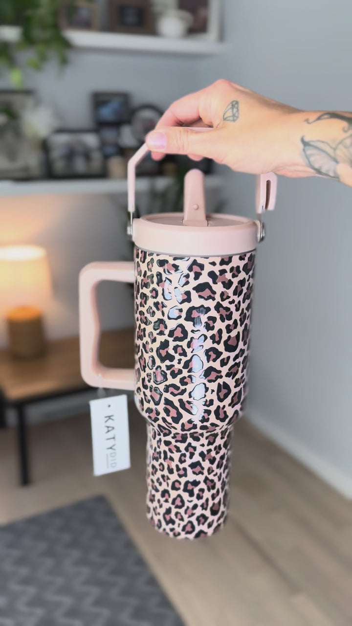 Brown Leopard Metal Tumbler with Lid Handle 38oz