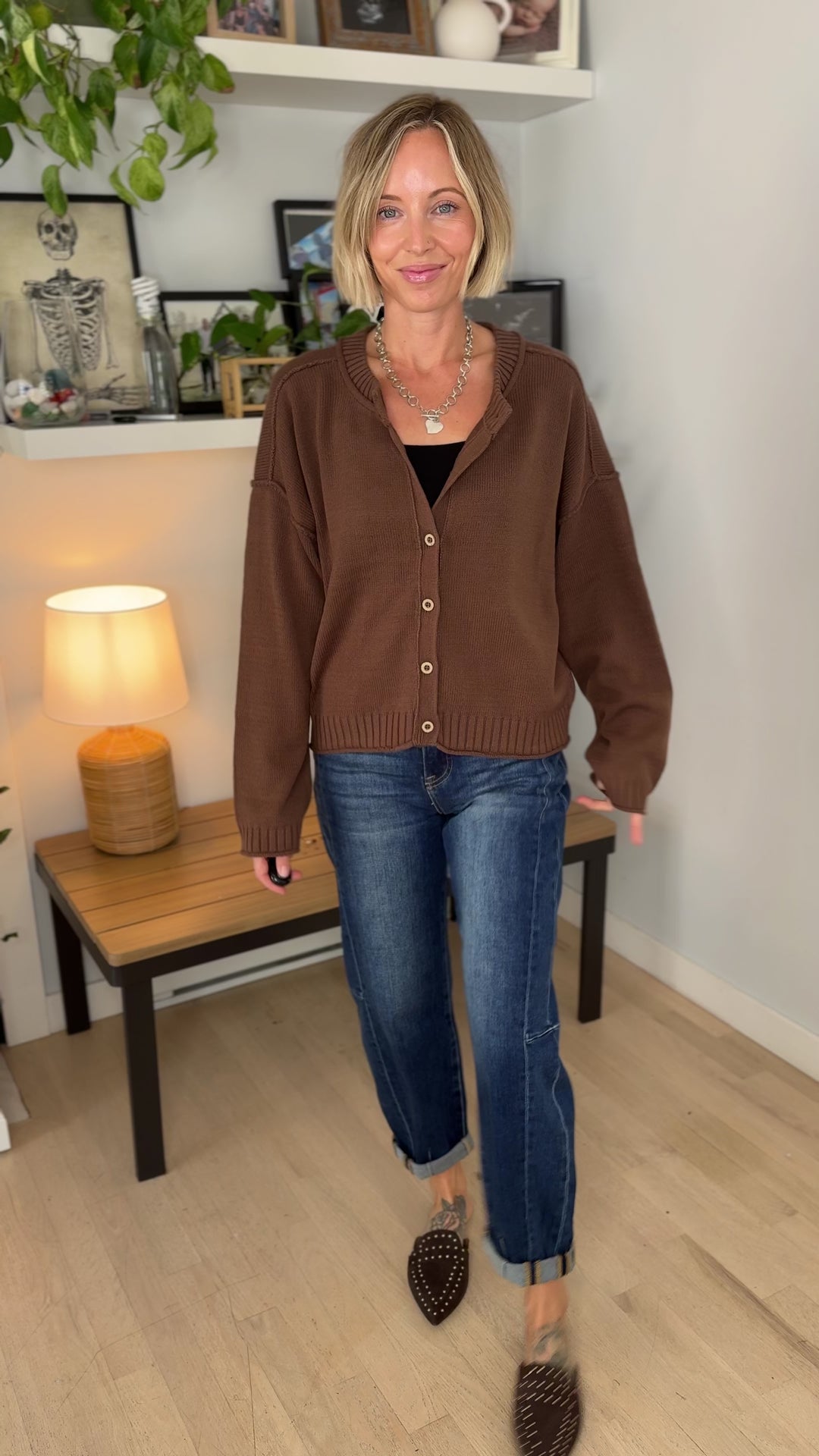 Tristyn Raw Edge Seam Button Down Cardigan- BROWN