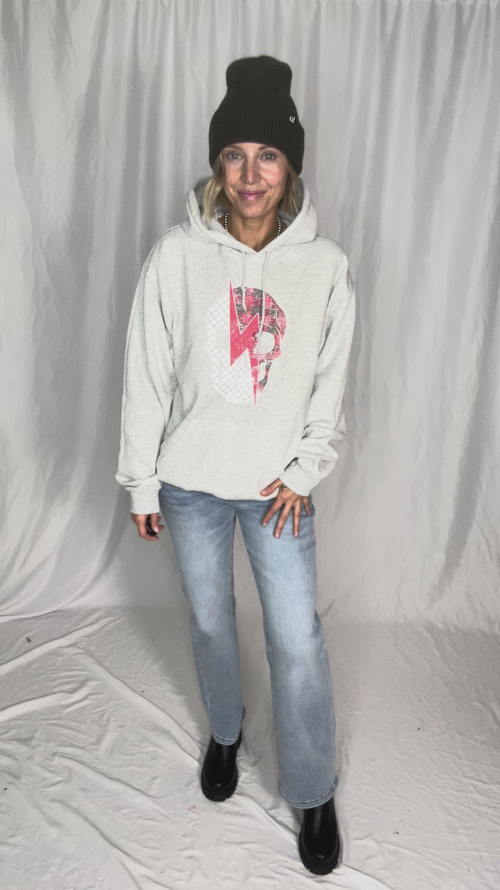 Plaid Skull Graphic Hoodie- ASH GREY