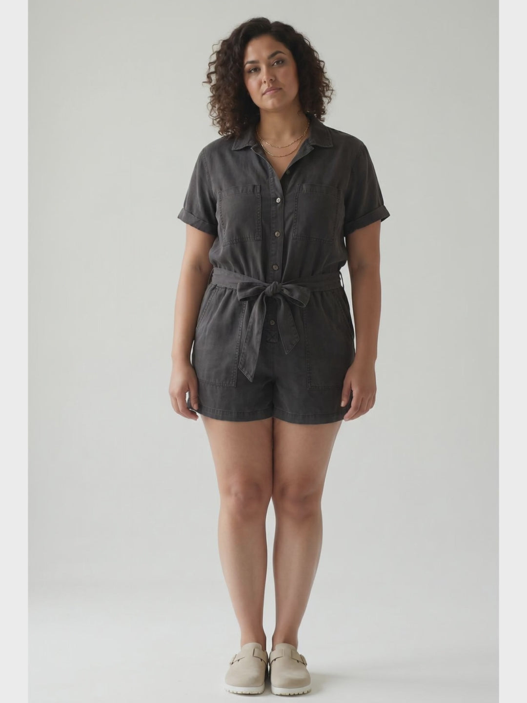 Tide Flower Tencel Romper- CHARCOAL