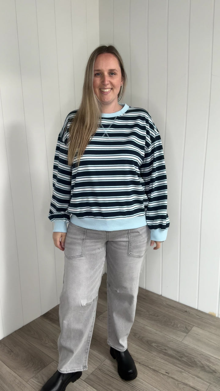 Zella Oversized French Terry Striped Sweatshirt- NAVY COMBO