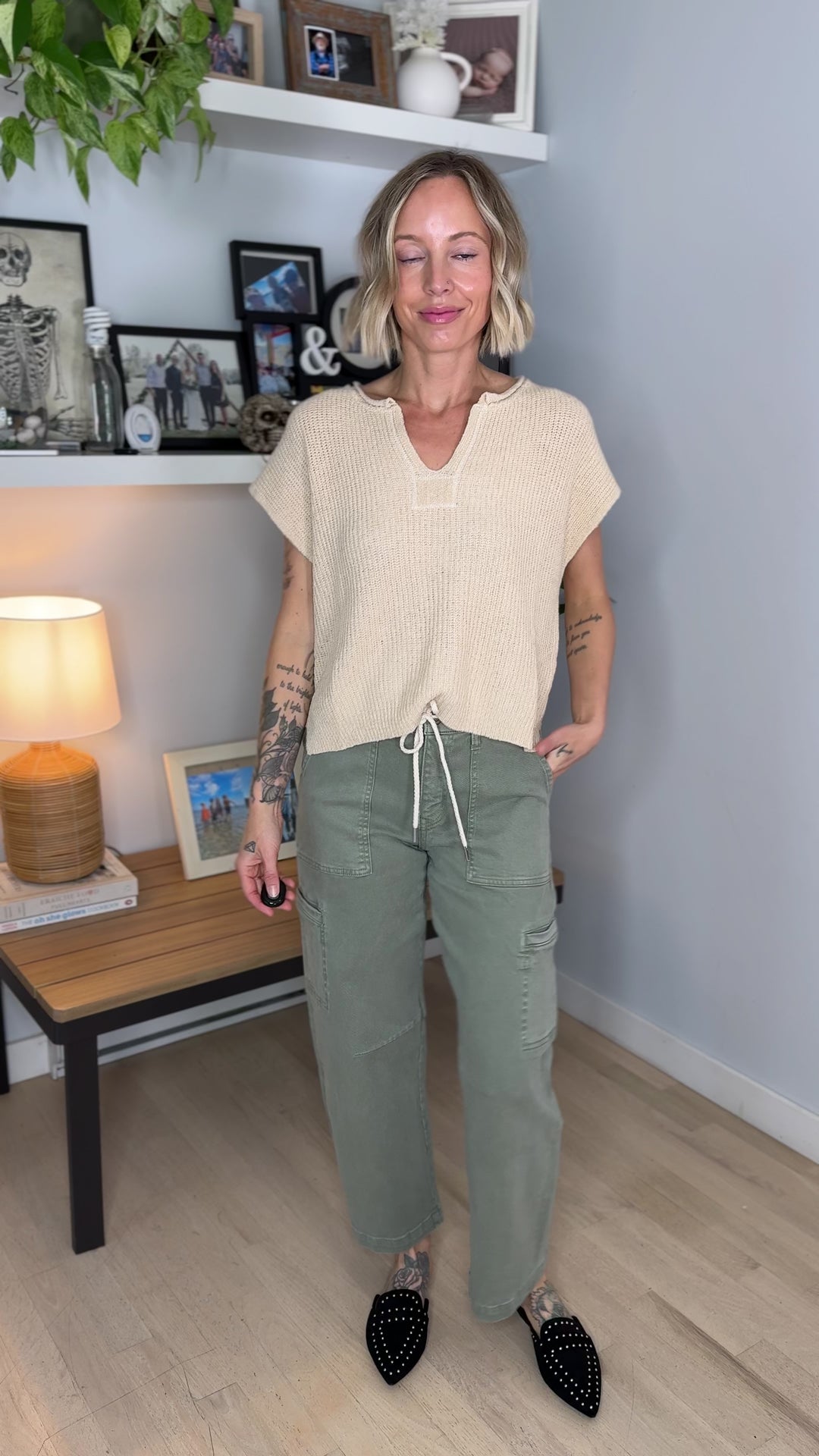 Larkin Split-Neck Sleeveless Knit Top- OATMEAL