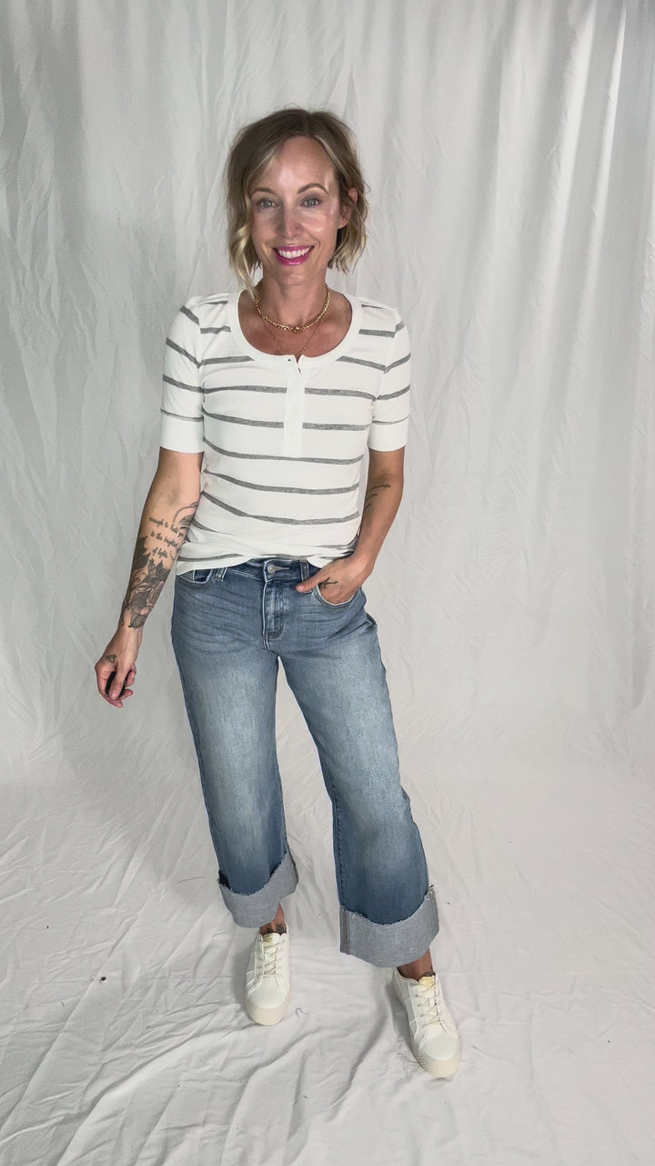Chleo Classic Ribbed Striped Henley 1/2 Sleeve- HEATHER GREY