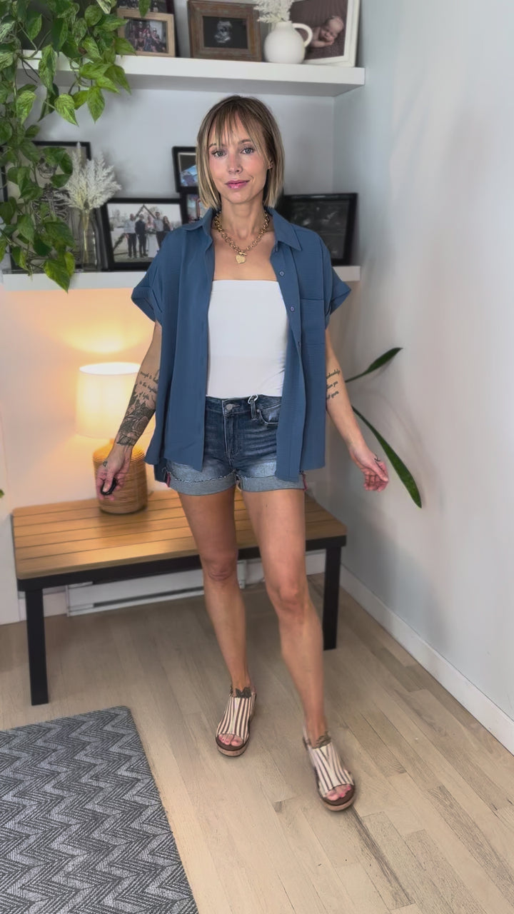 Taya Button Down Short Sleeve- DUSTY BLUE-FINAL SALE