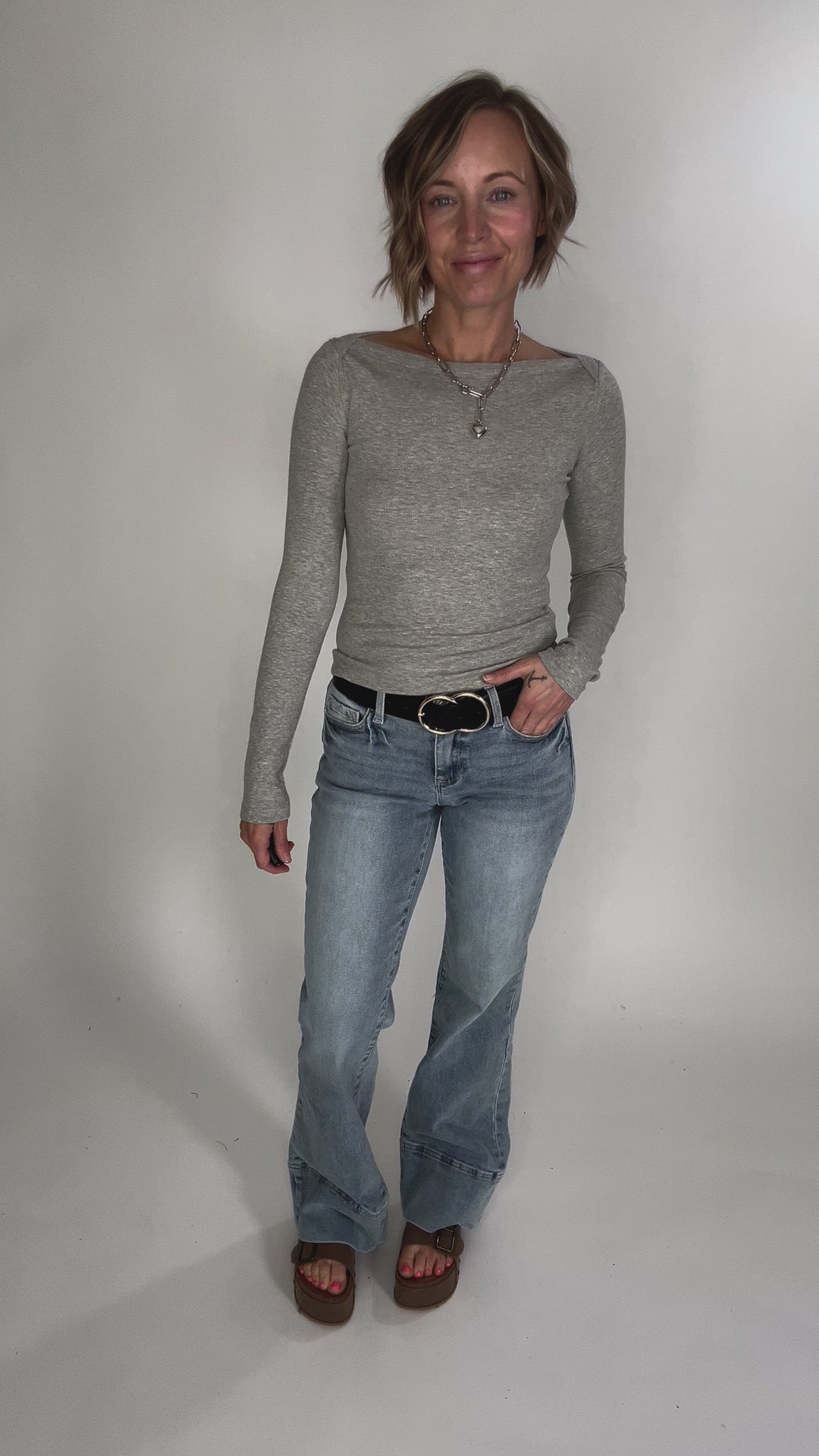 Plaionie Boatneck Ribbed Knit Long Sleeve- GREY