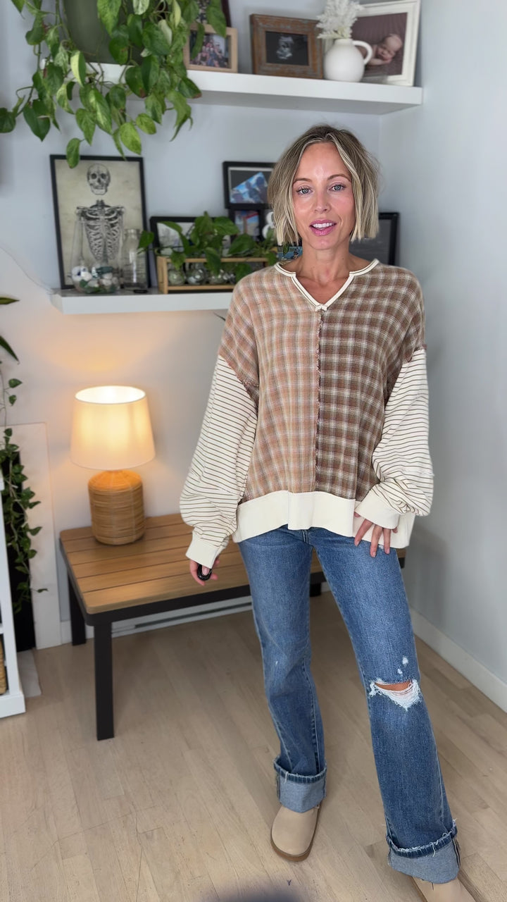 Sorrenta Oversized Plaid Mix Pullover- LATTE