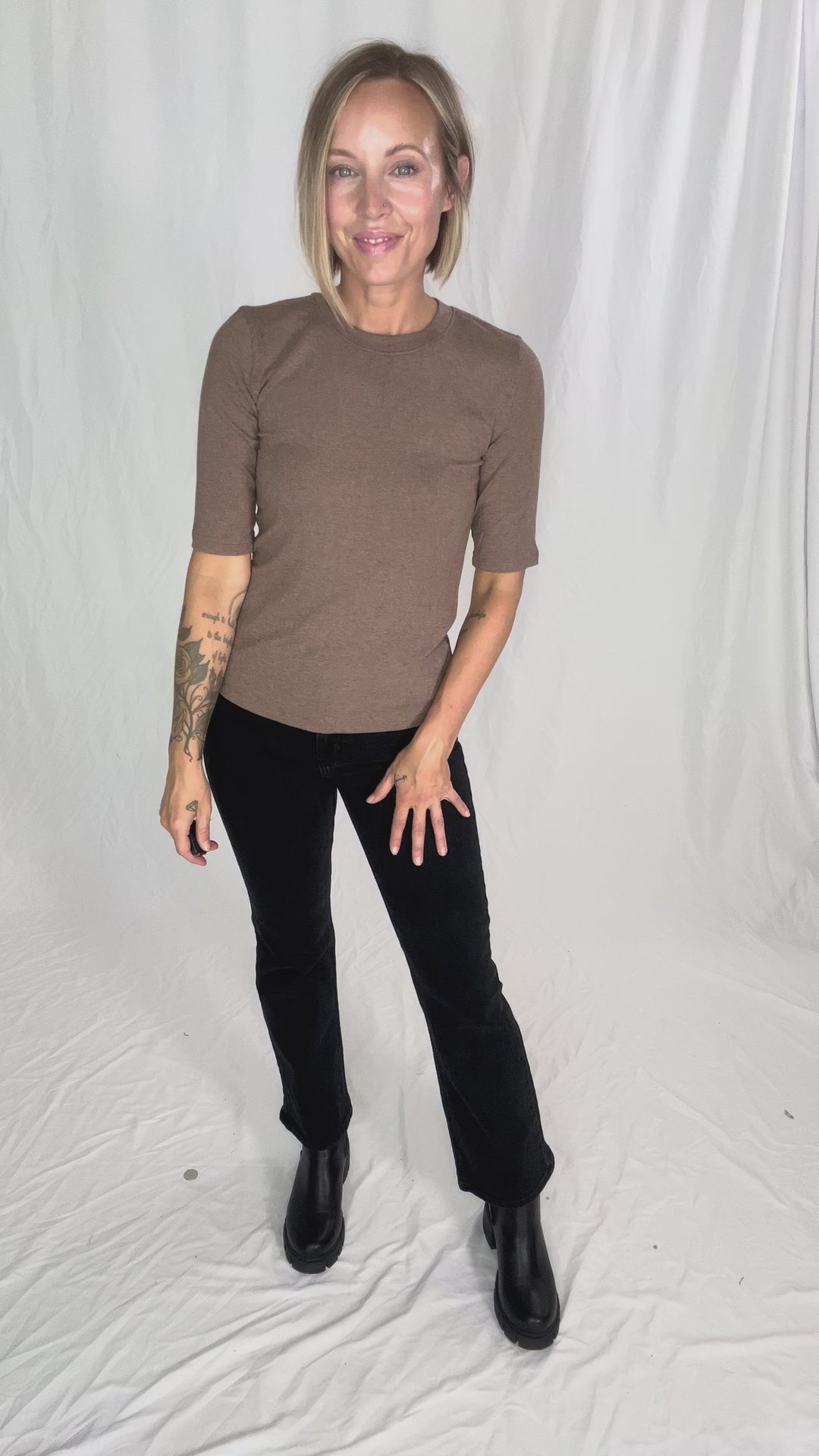 Emma Ultra Soft Classic Ribbed Crewneck 1/2 Sleeve- NUTELLA
