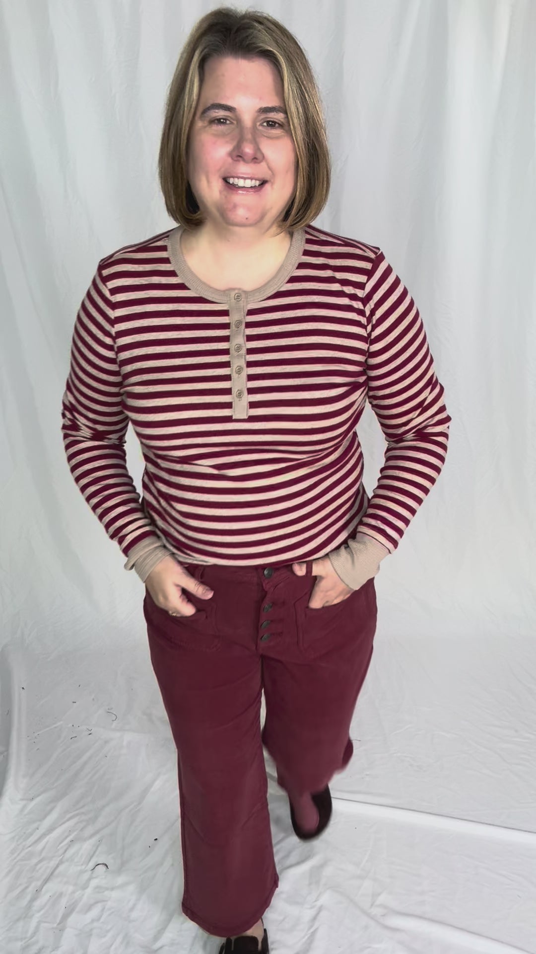 Aneta Stripe Henley- BURGUNDY
