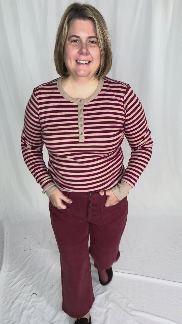 Aneta Stripe Henley- BURGUNDY