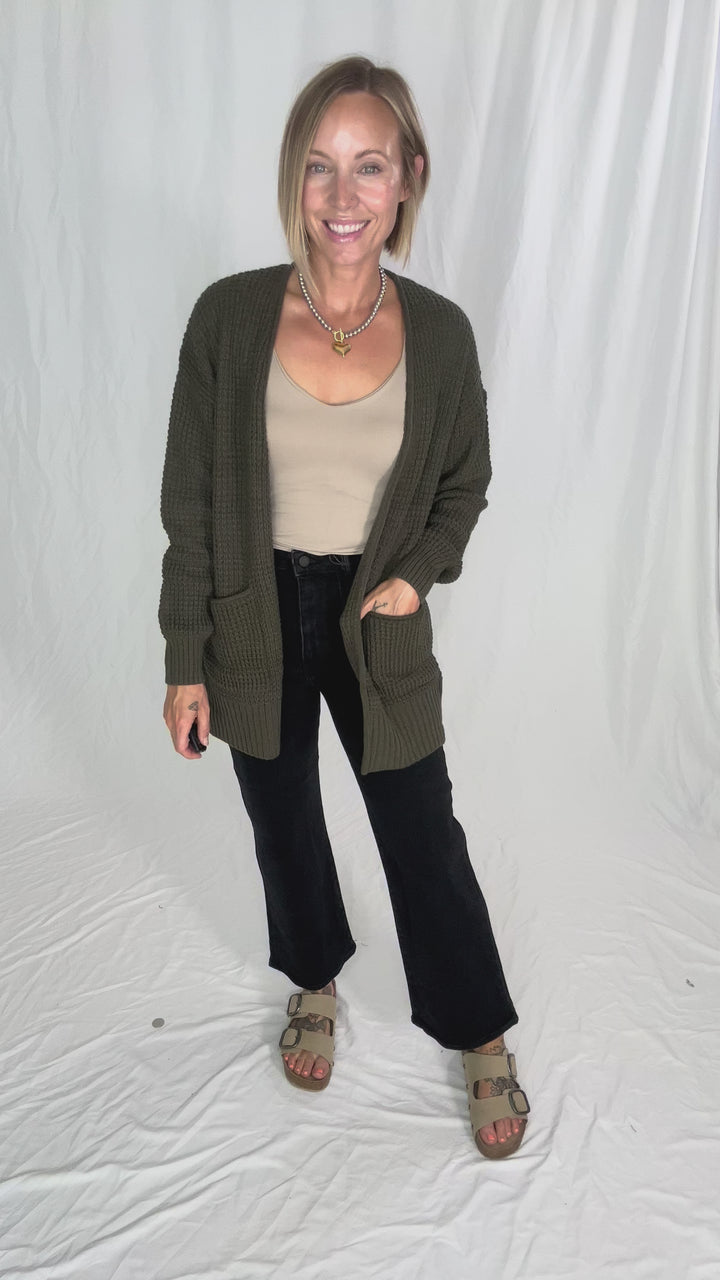 Marley Waffle Cardigan- DARK OLIVE