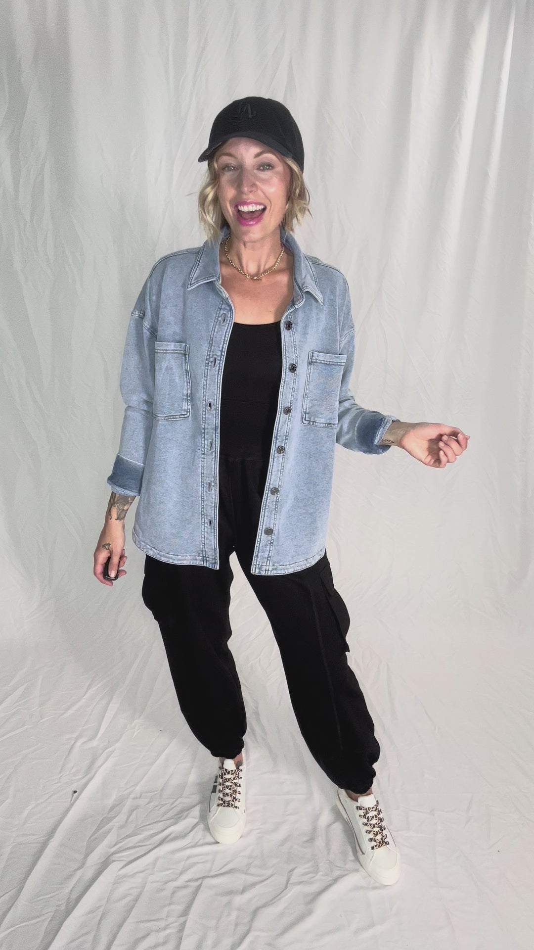 Bethany Washed French Terry Shacket- LIGHT DENIM