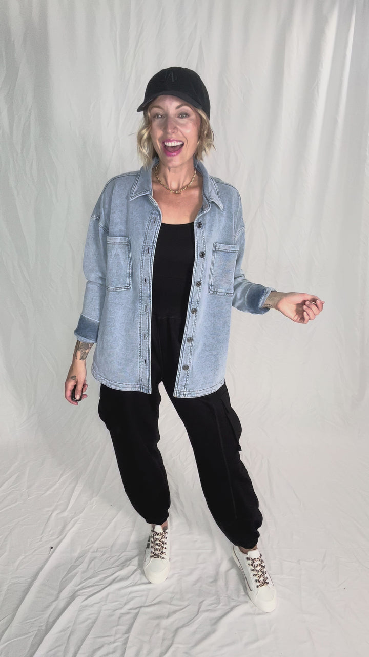 Bethany Washed French Terry Shacket- LIGHT DENIM