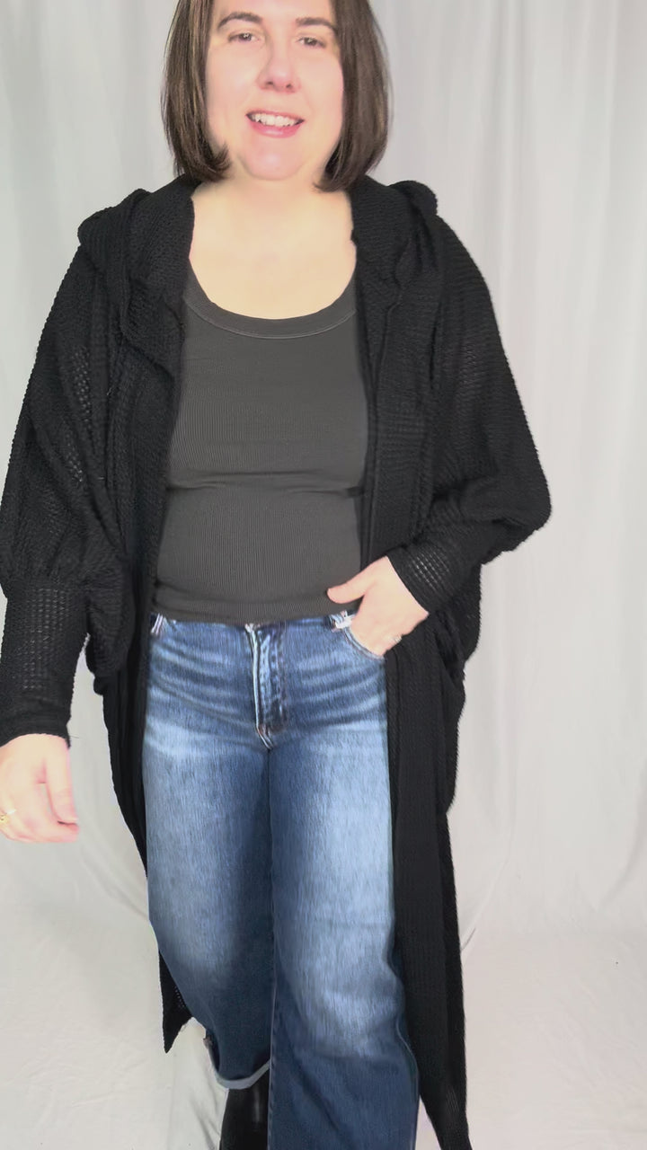 Myah Waffle Duster Cardigan-BLACK