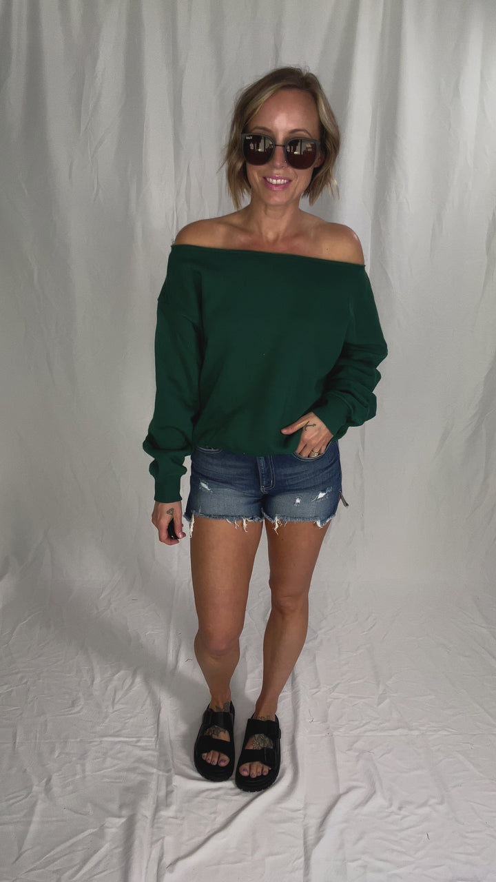 Janice Fleece Off Shoulder Top- HUNTER GREEN
