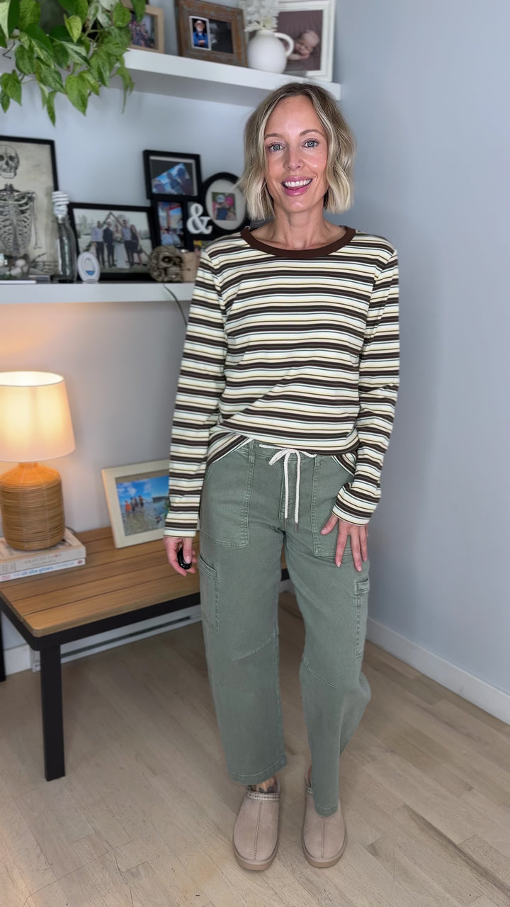 Alder Ribbed Crew Neck Long Sleeve- BROWN/IVORY