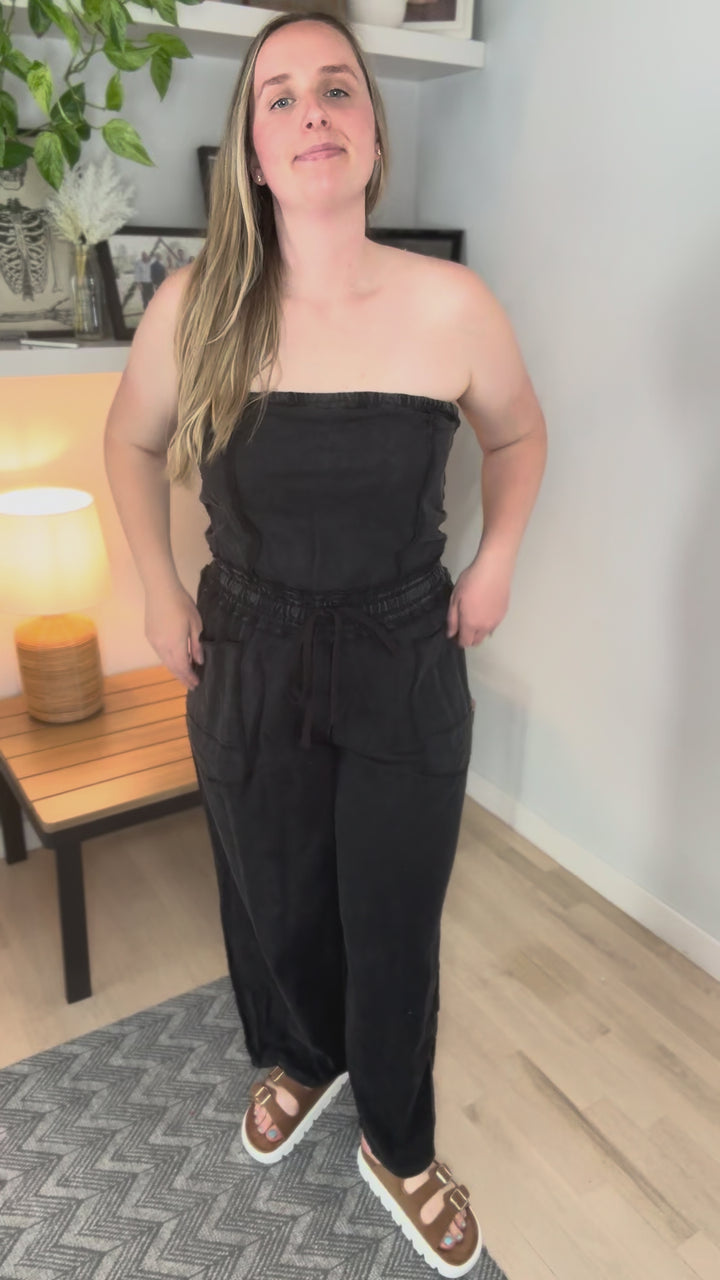 Beach Town Mineral Washed Strapless Jumpsuit- ASH BLACK