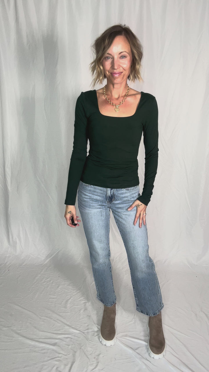Ayla Butter Square Neck Long Sleeve Top- REGENCY GREEN