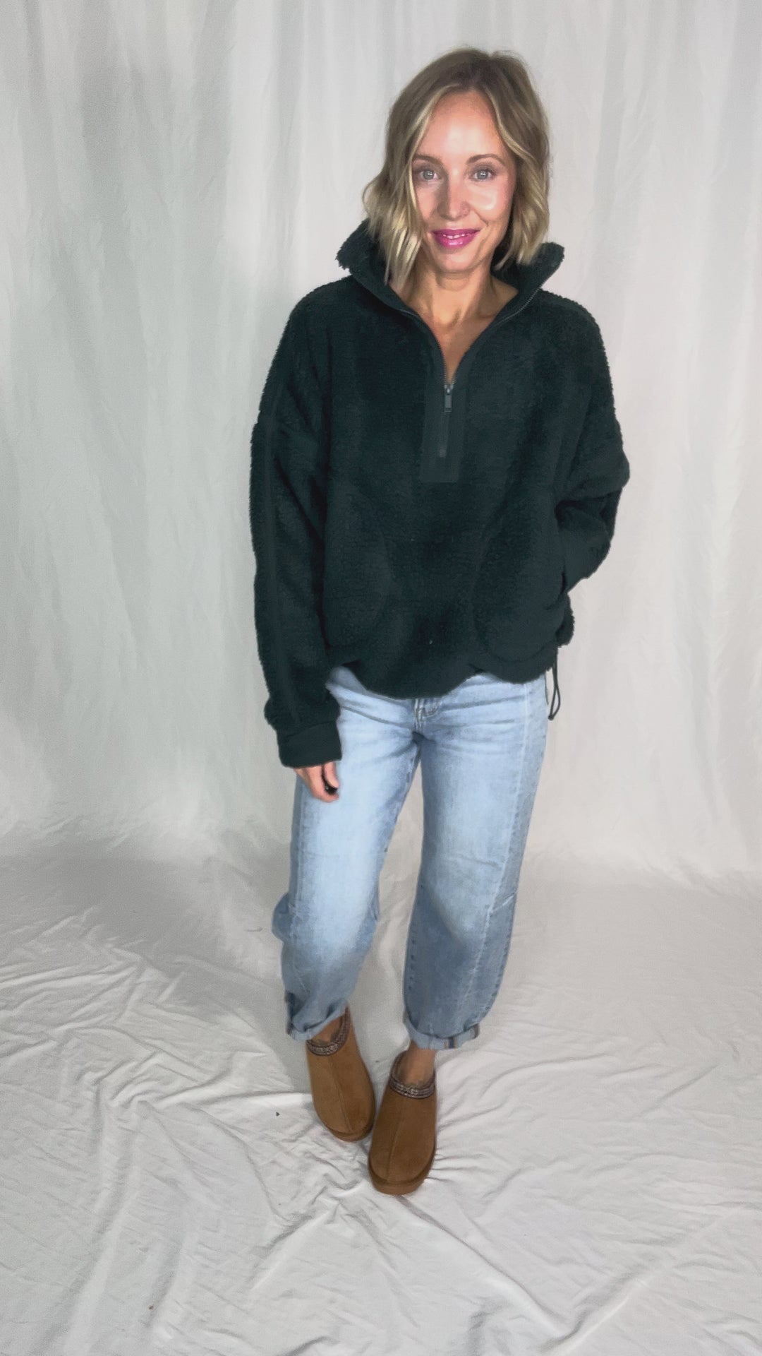 Tundra Mock Neck 1/2 Zip Sherpa Jacket- DARK SEA GREEN