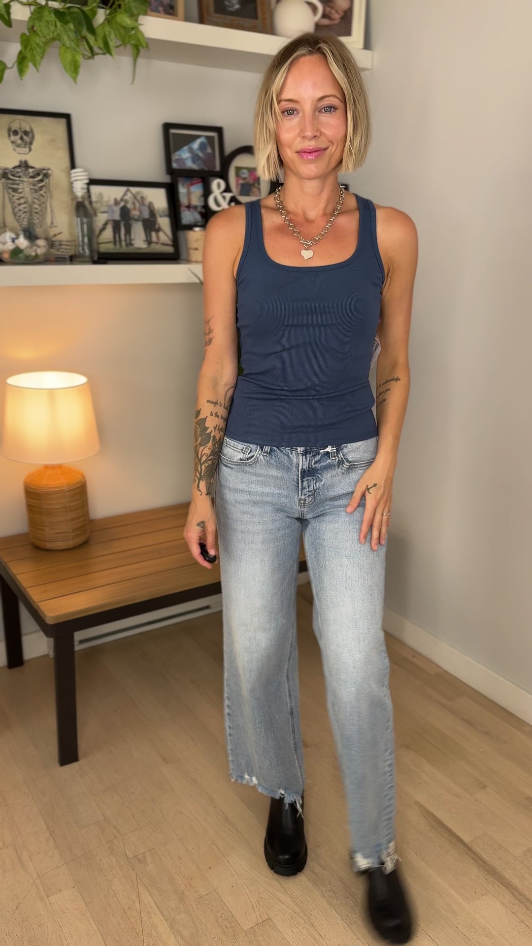Mono B Billie Square Neck Micro RIbbed Tank Top- OCEAN