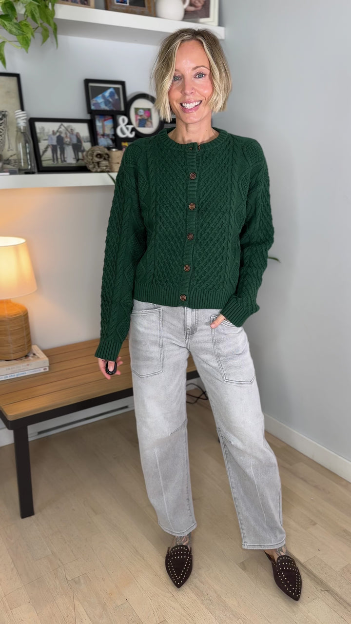 Claire Cable Knit Button Sweater- GREEN