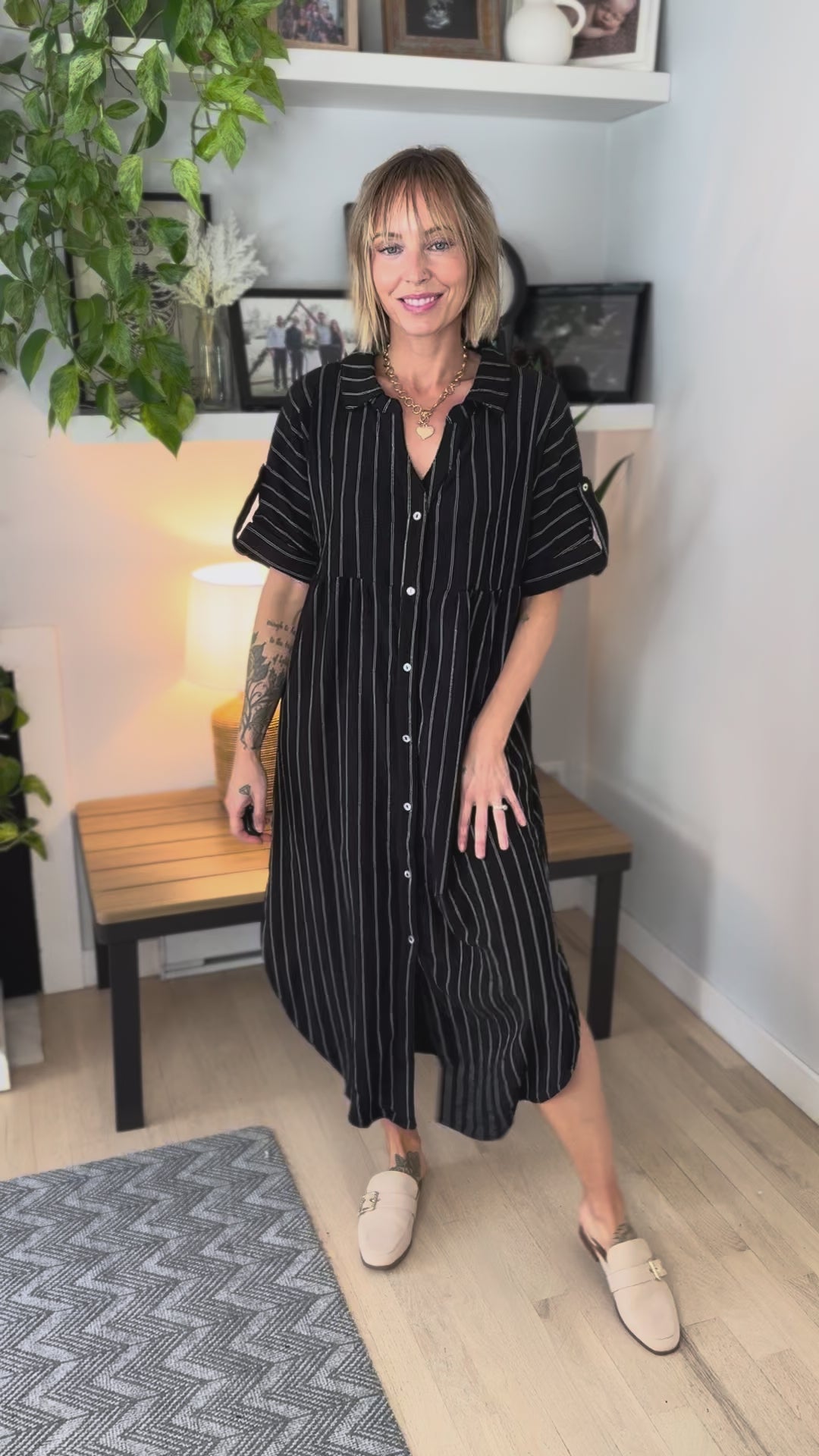 Naomi Button Down Midi Dress- BLACK
