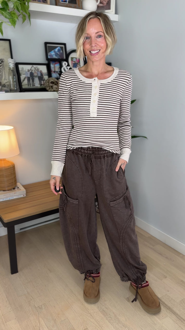 Aurora Waffle Henley Long Sleeve- OATMEAL/CHOCO