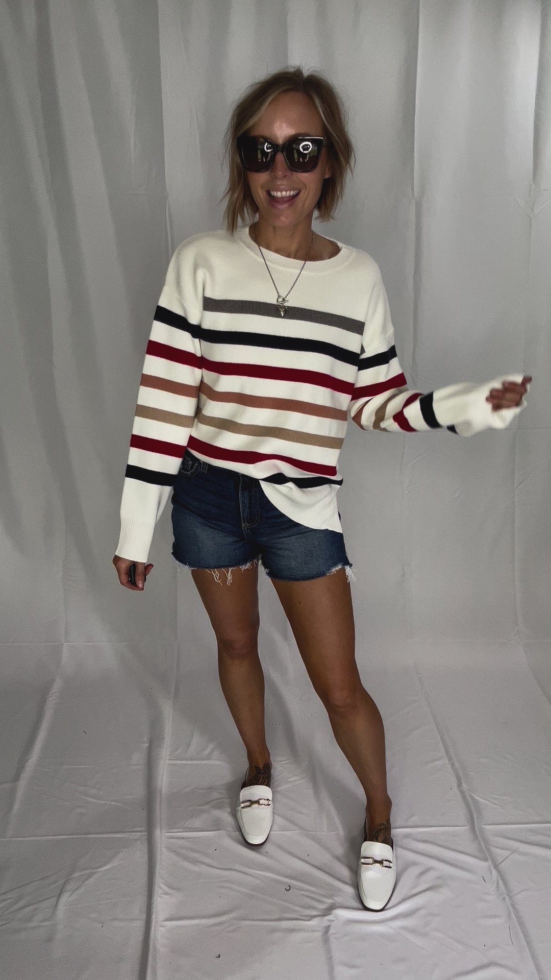 Stormi Crew Neck Stripe Sweater- WHITE/NAVY/RED-FINAL SALE