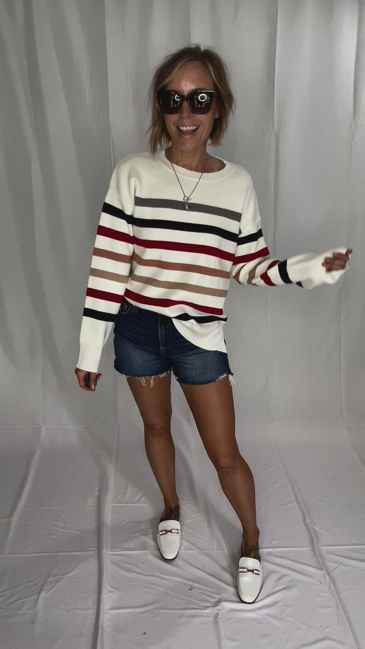 Stormi Crew Neck Stripe Sweater- WHITE/NAVY/RED-FINAL SALE
